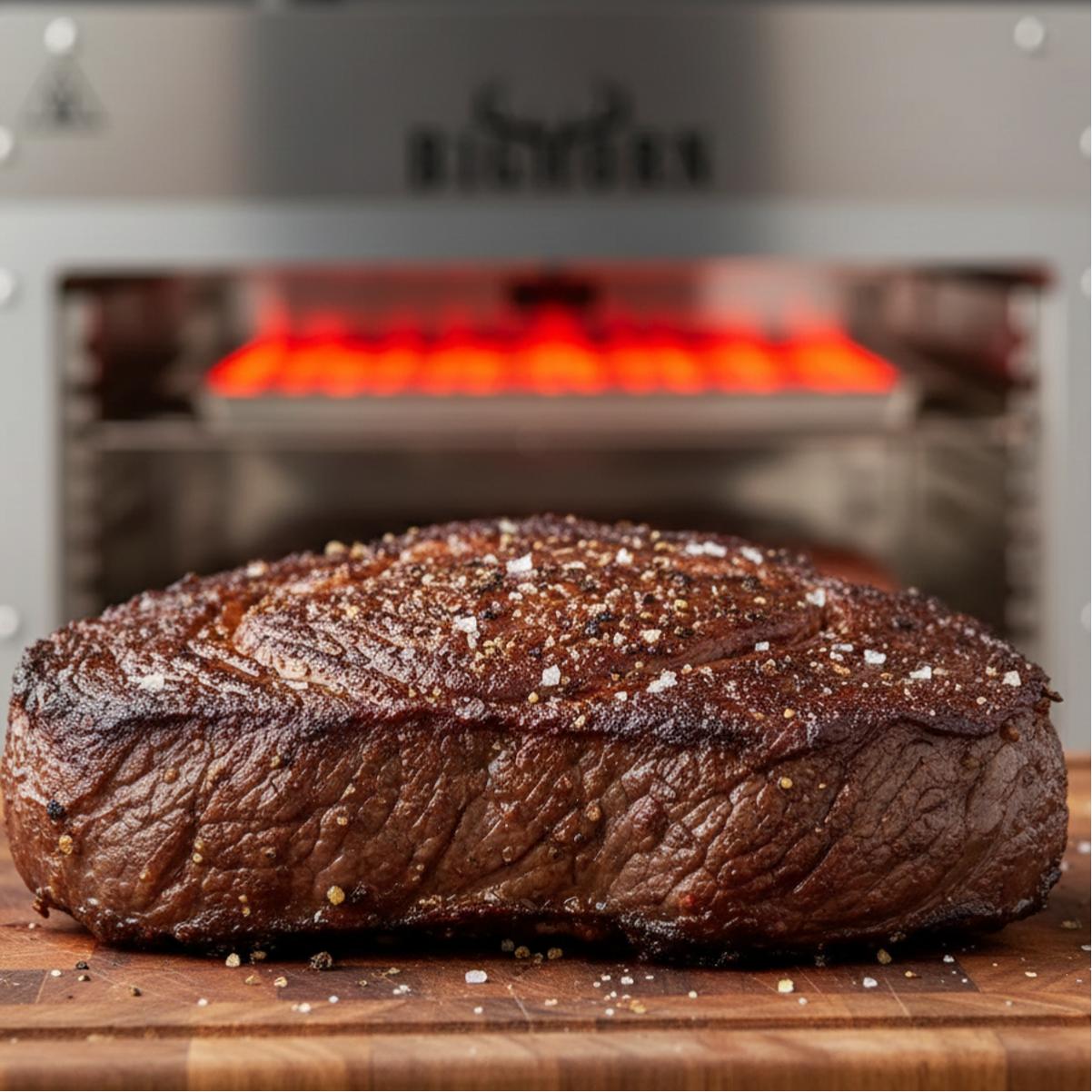 Close up of seasoned steak on board with infrared grill heater glowing behind
