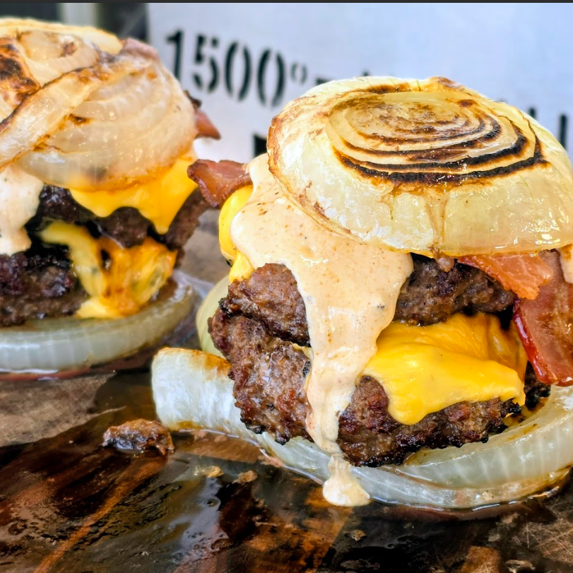 Flying Dutchman keto burger with double beef patties, melted cheese, bacon, and grilled onion buns
