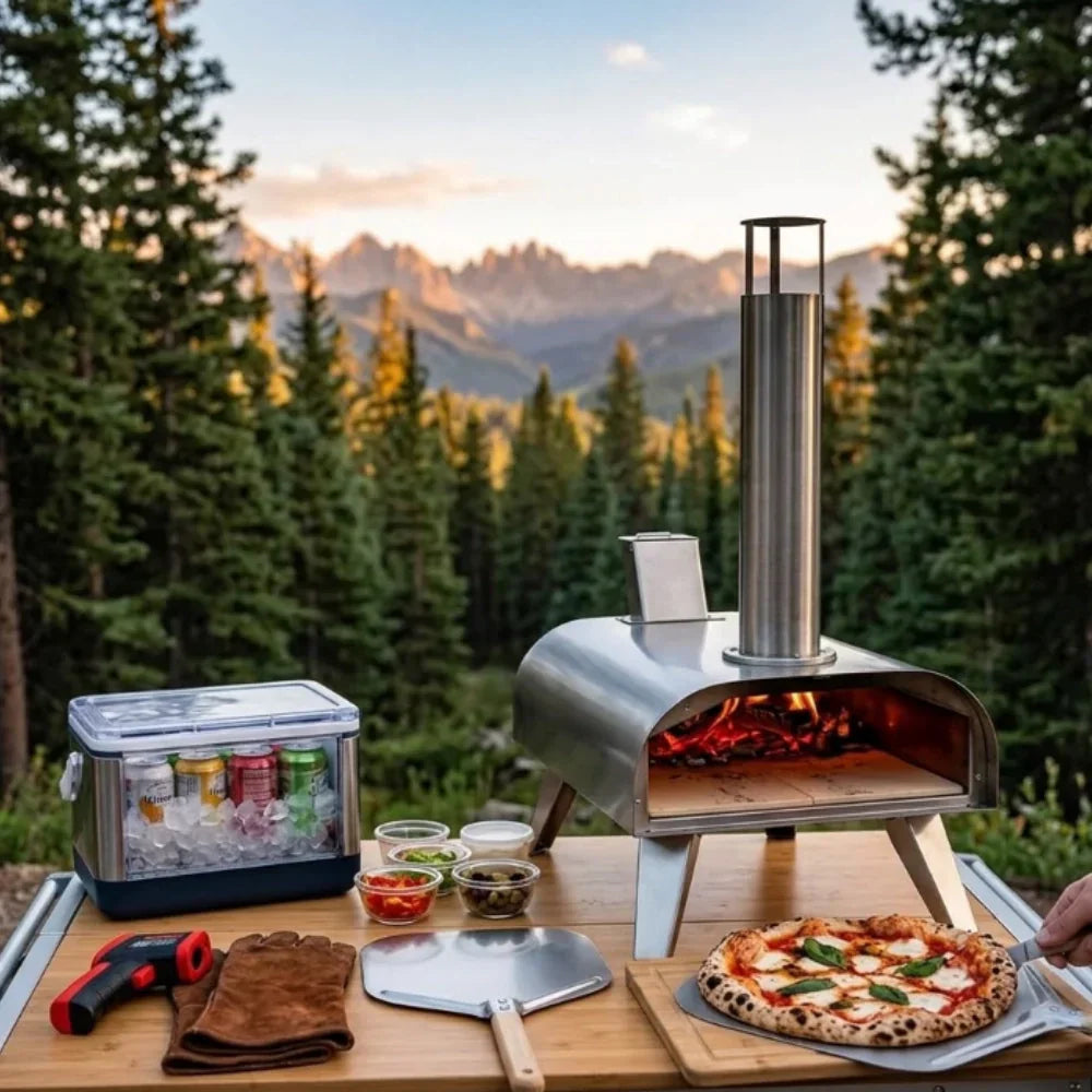 Outdoor pizza party setup at a mountain campsite with a portable pizza oven preheating on a table at golden hour.
