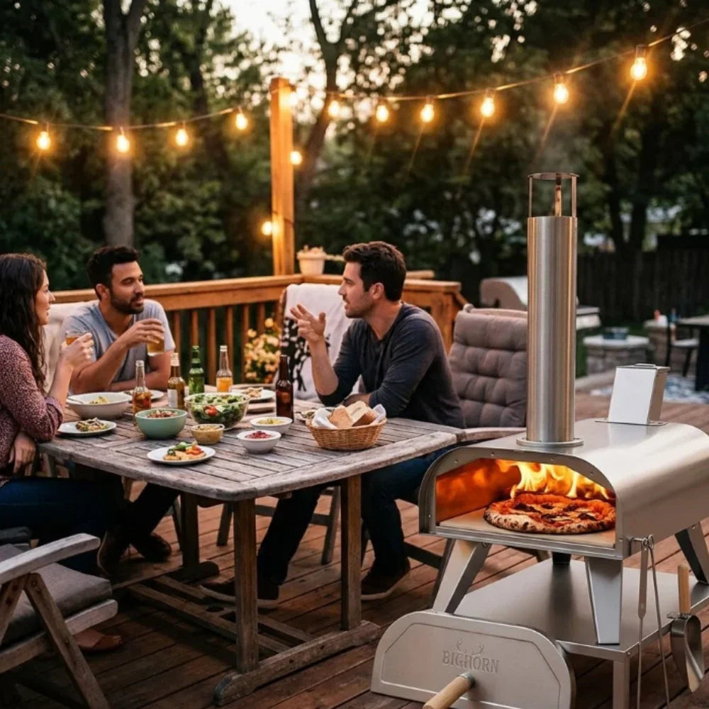 Outdoor backyard gathering with friends while a pellet pizza oven cooks beside the table at dusk.