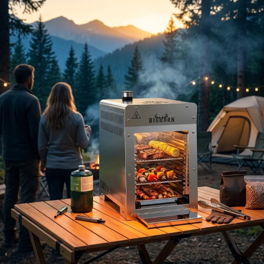 Portable infrared gas grill cooking steak and corn at a campsite