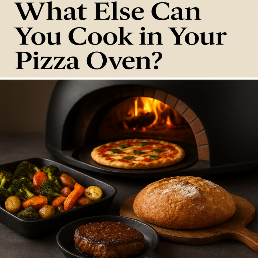 Pizza oven with pizza, bread, steak, and roasted vegetables.