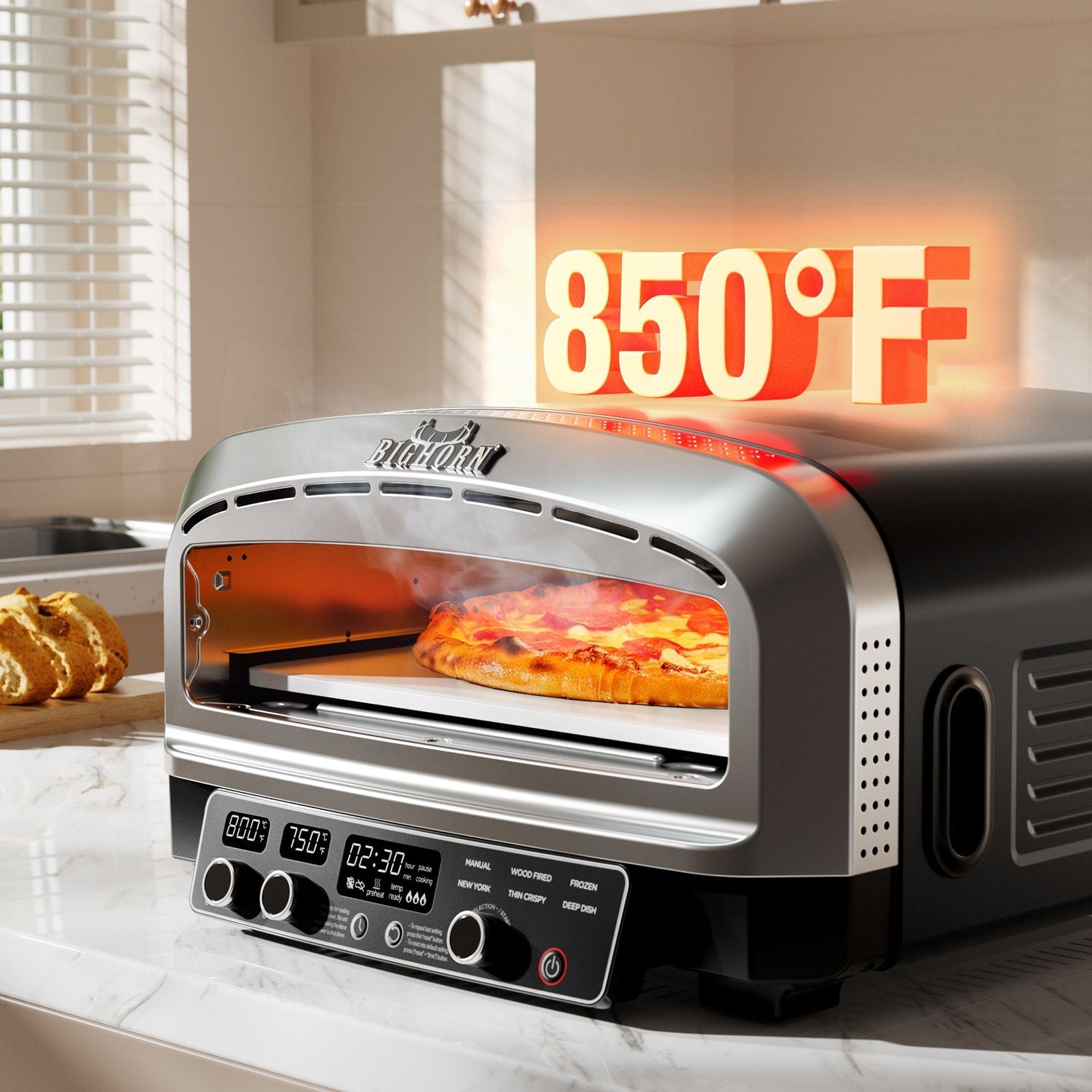 A pizza oven on a kitchen counter with "850°F" displayed above it.