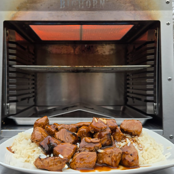 A plate of juicy grilled beef tips with red wine mushroom gravy over white rice, placed in front of a Bighorn infrared grill with a glowing orange heating element.
