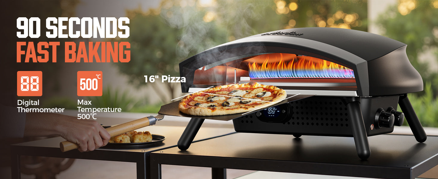 16” Gas Pizza Oven - Outdoor Professional Pizza Maker with Auto-Rotati
