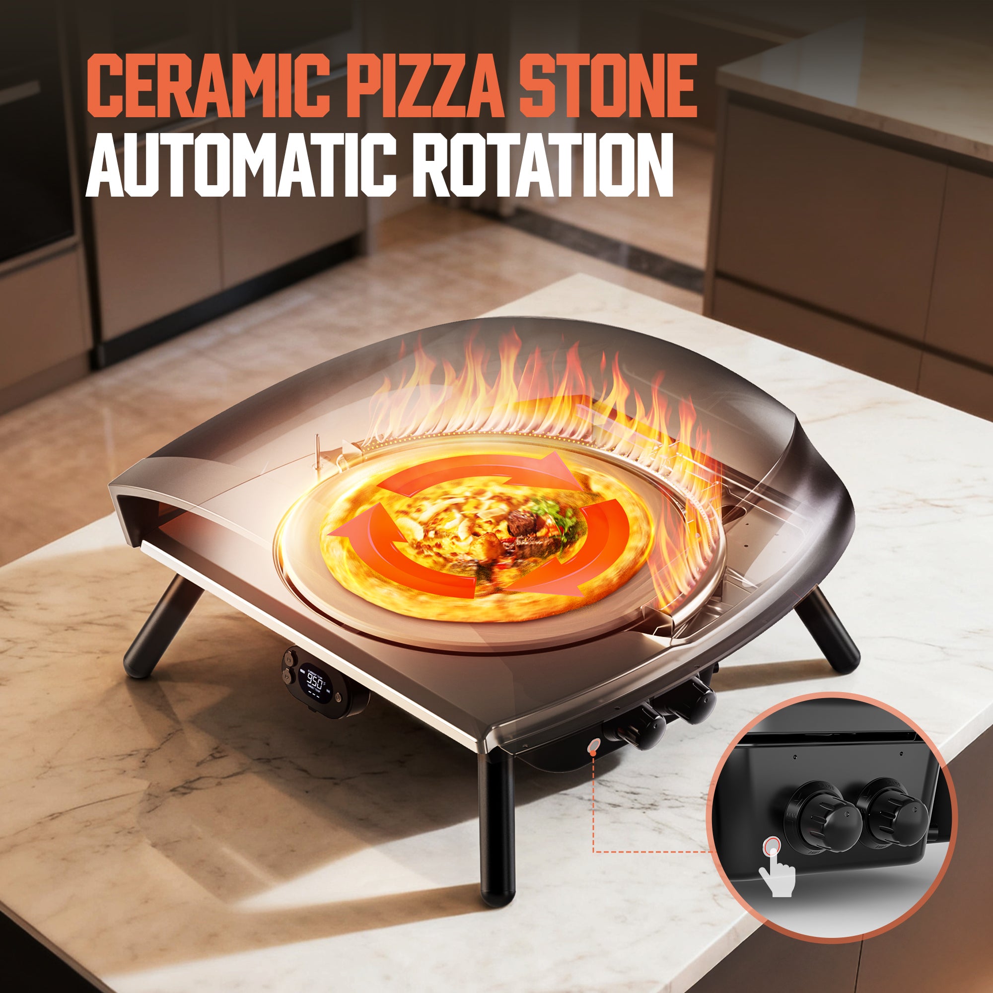 Big Horn Prime® 16 Inch Gas Pizza Oven - Outdoor Professional Pizza Maker with Auto-Rotating Stone & Digital Thermometer
