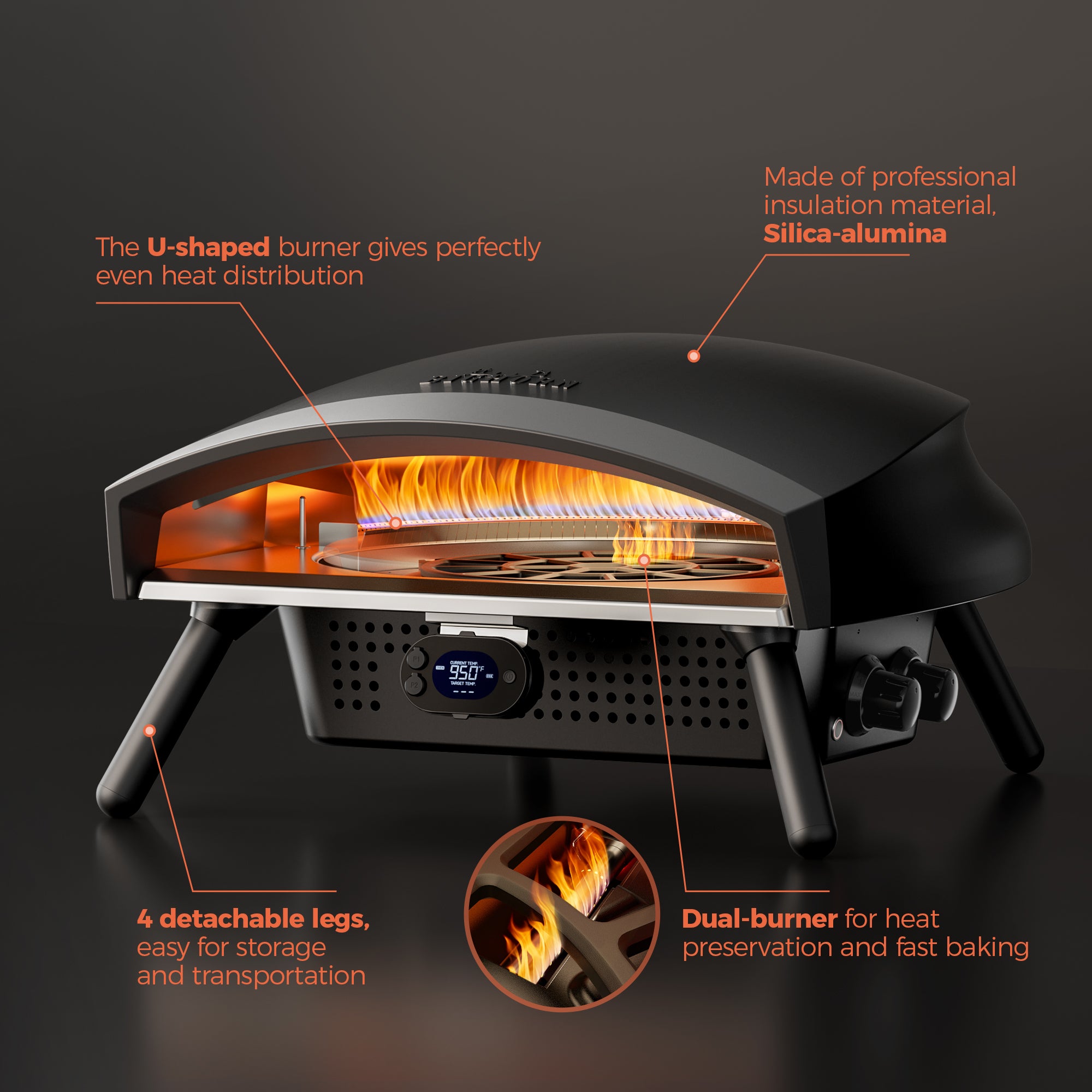 Big Horn Prime® 16 Inch Gas Pizza Oven - Outdoor Professional Pizza Maker with Auto-Rotating Stone & Digital Thermometer