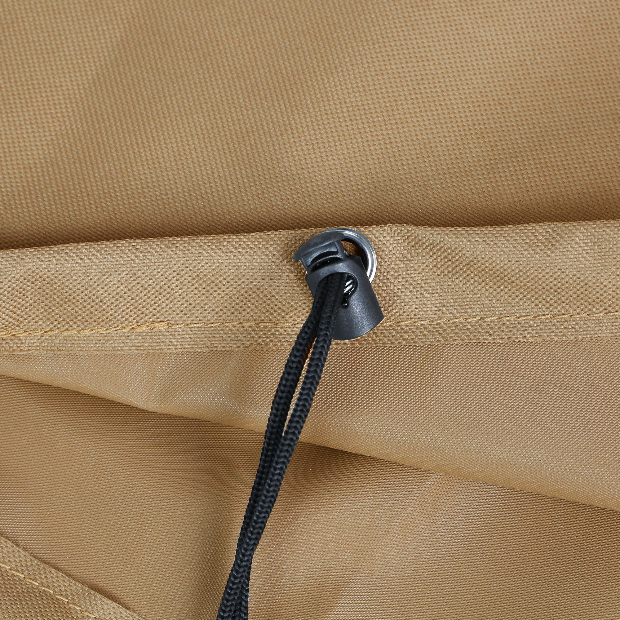 Beige Oxford fabric pizza oven cover detail, featuring drawstring cord and durable material for outdoor protection.