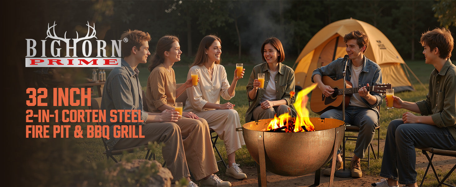 32” Corten Steel Heavy-Duty Round Fire Pit with Grill