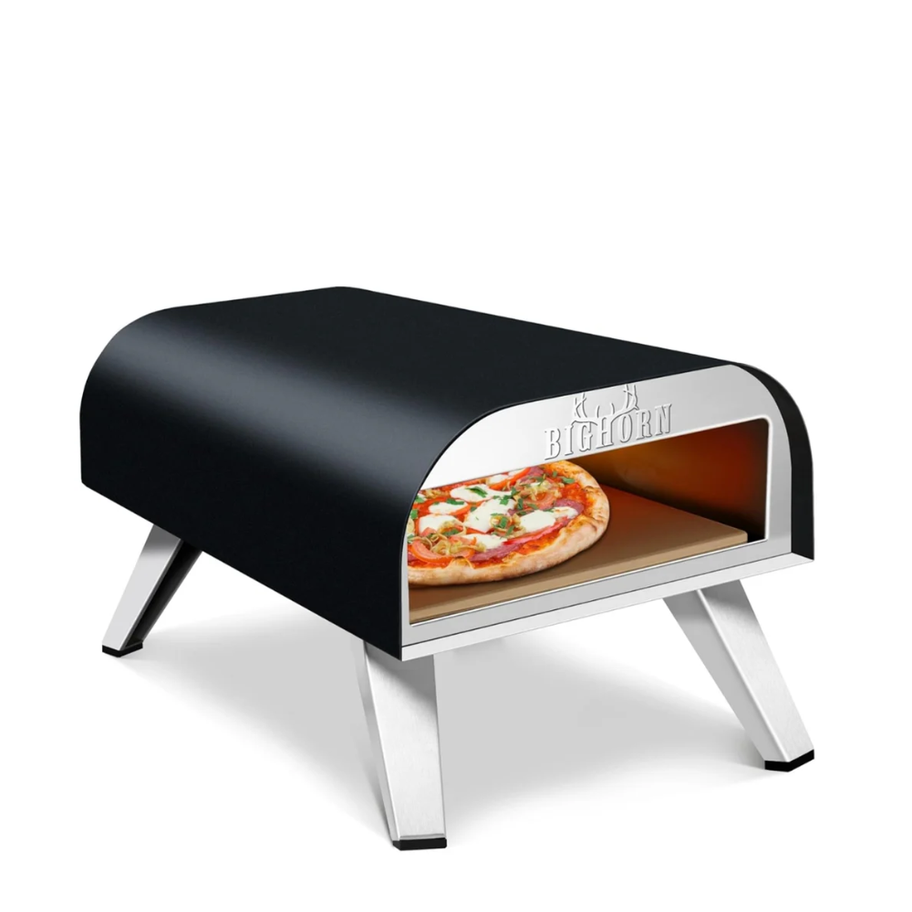 Compact black pizza oven with pizza inside