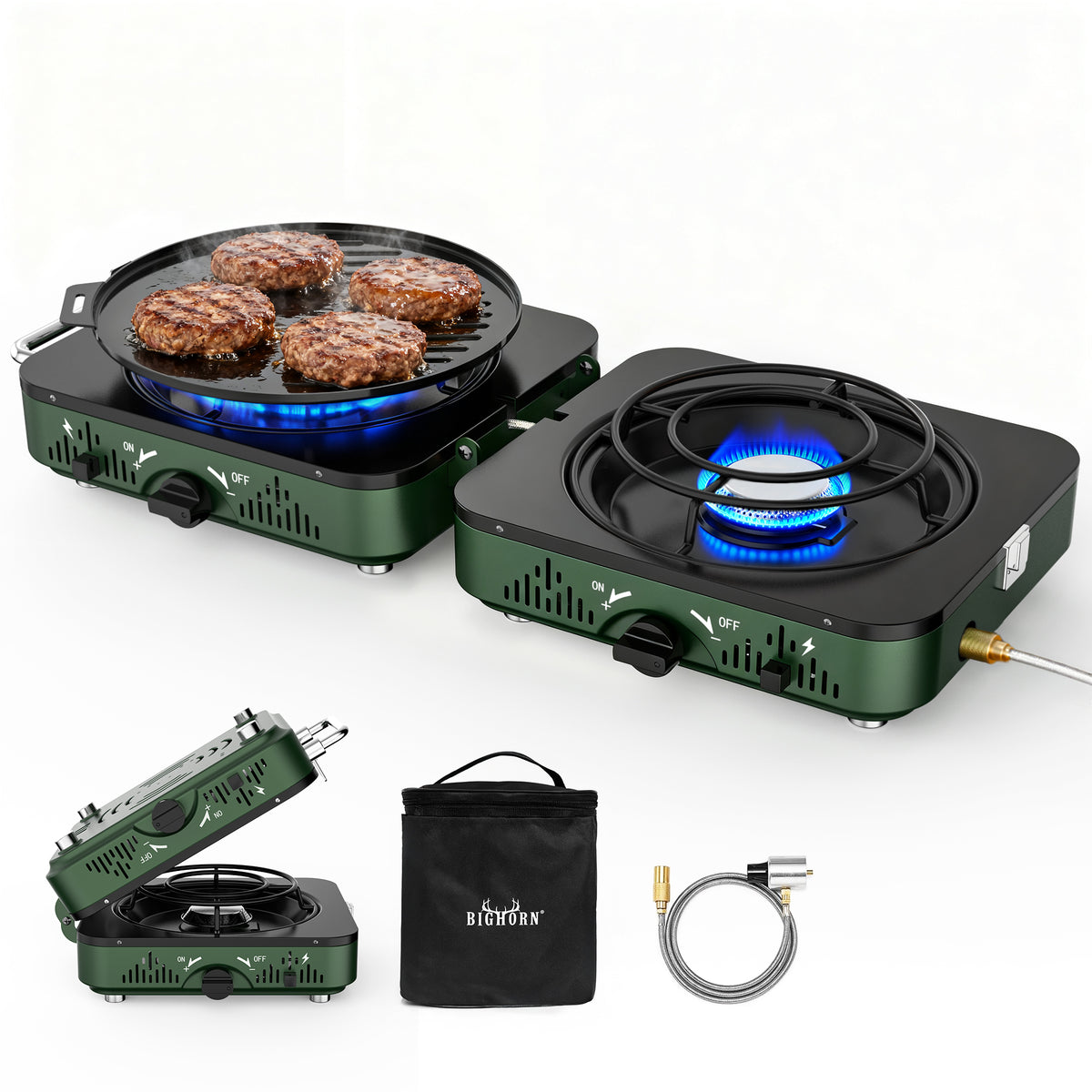 Big Horn Portable 2 Burner Propane Camping Stove 17,000 BTU – Foldable Outdoor Gas Stove with Non-Stick Griddle