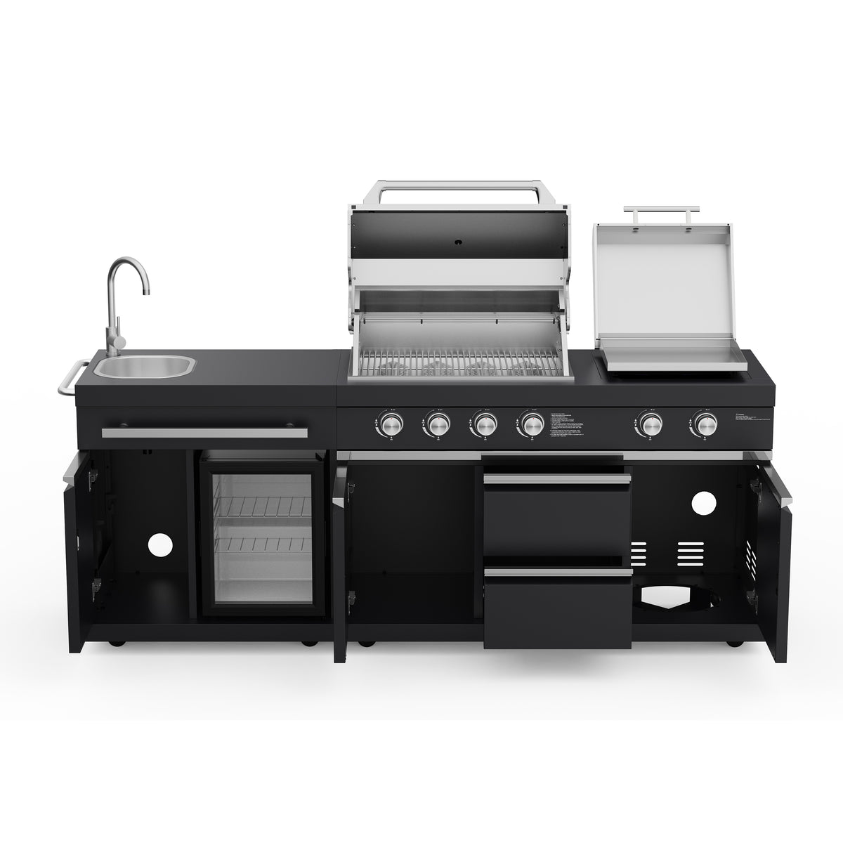 Outdoor Kitchen Gas Grill and Griddle Combo, 65,000 BTU 4+2 Burner BBQ Grill with 675 Sq. In. Cooking Area, Stainless Steel Grill Grates & Griddle, Built-In Sink, Refrigerator, Cabinets