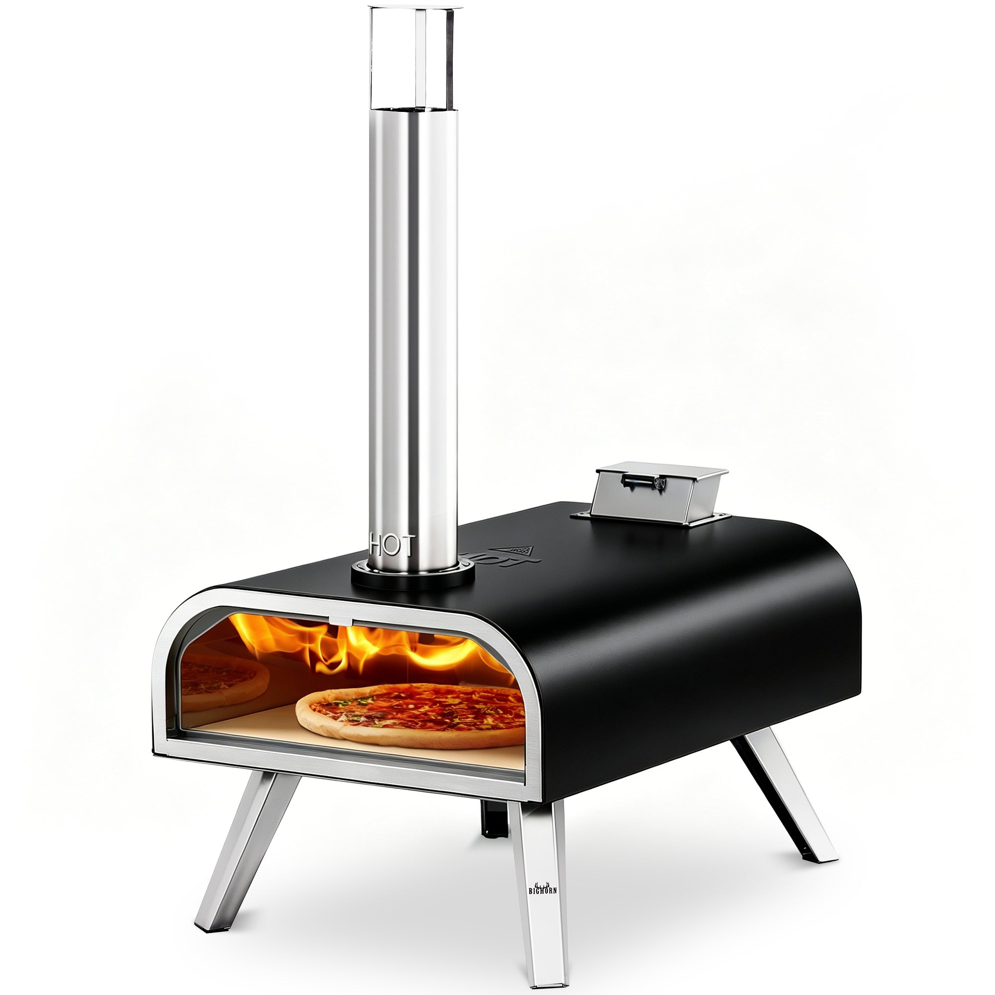 16" Wood Pellet Pizza Oven, stainless steel, with pizza inside, perfect for outdoor cooking.