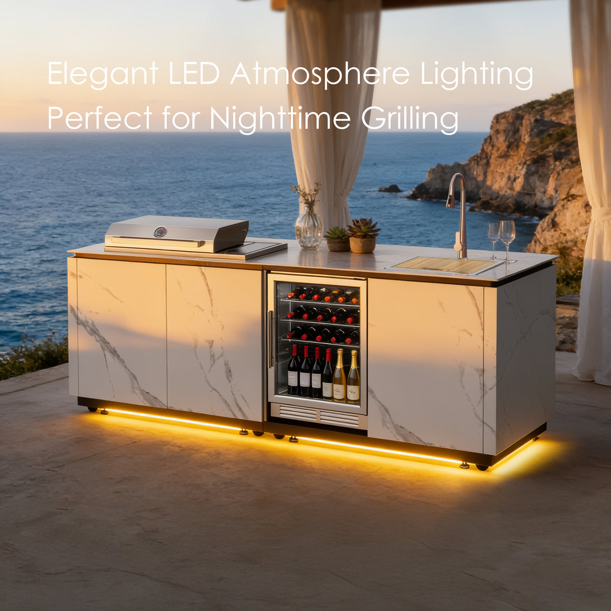 Outdoor Kitchen Island – Premium Stainless Steel Gas Grill with Sear Zone, Marble-Style Countertop, LED Beverage Refrigerator, Sink & Storage Cabinets for Luxury Backyard BBQ