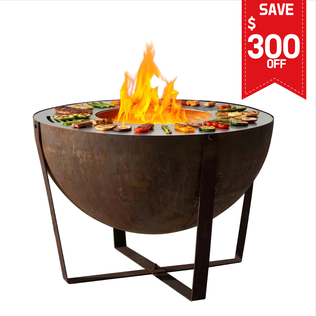 32” Corten Steel Heavy-Duty Round Fire Pit with Grill