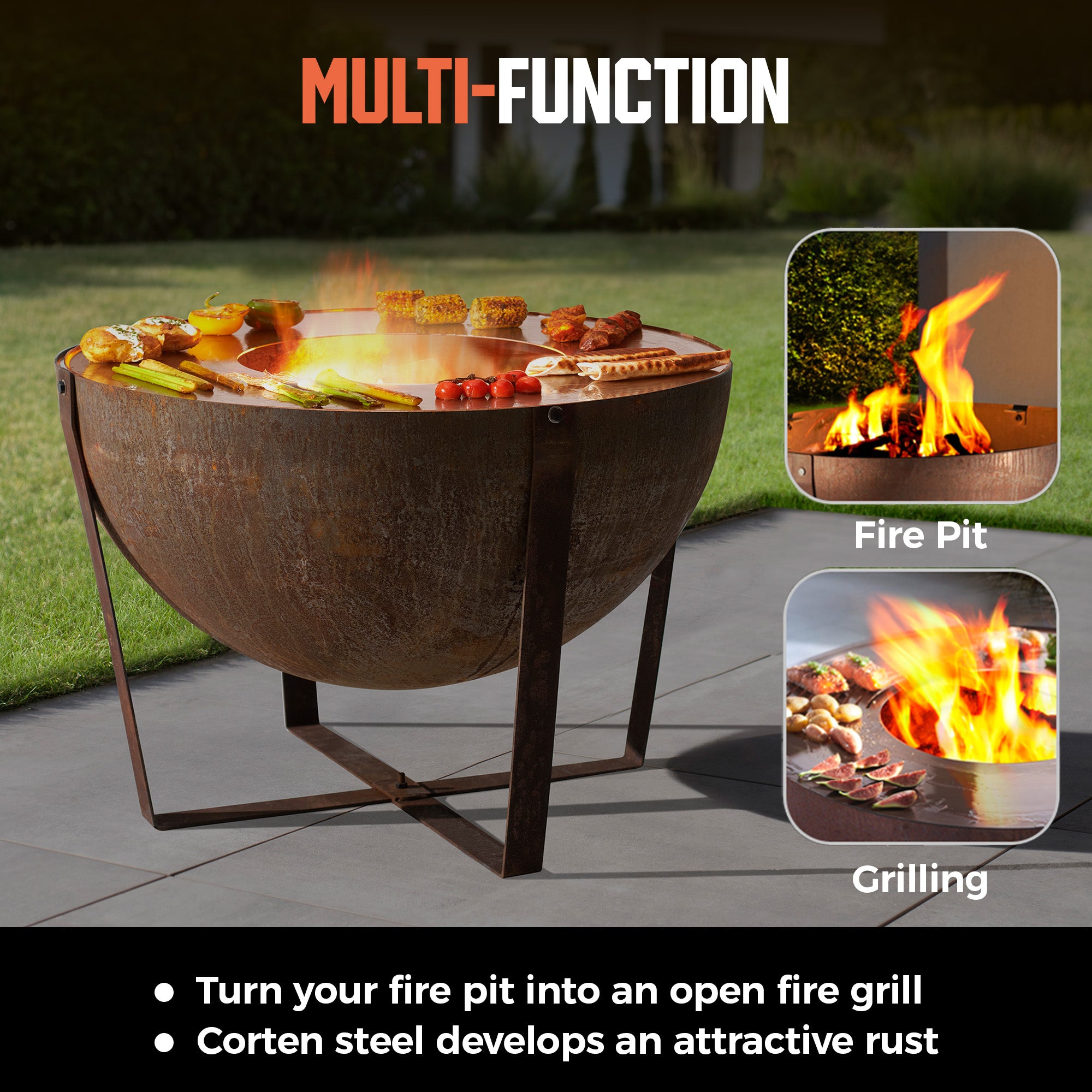32” Corten Steel Heavy-Duty Round Fire Pit with Grill