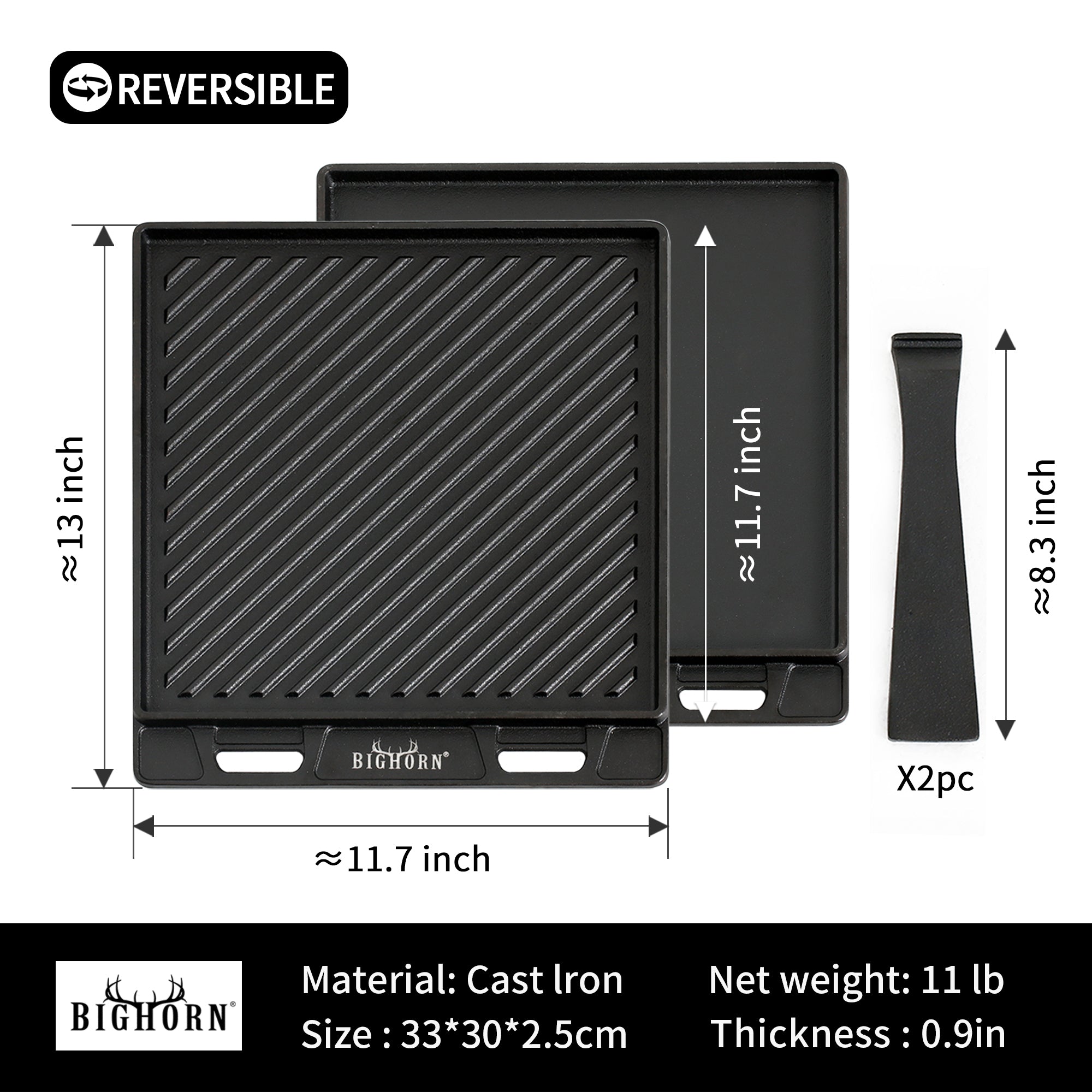 Reversible Cast Iron Grill Griddle Plate