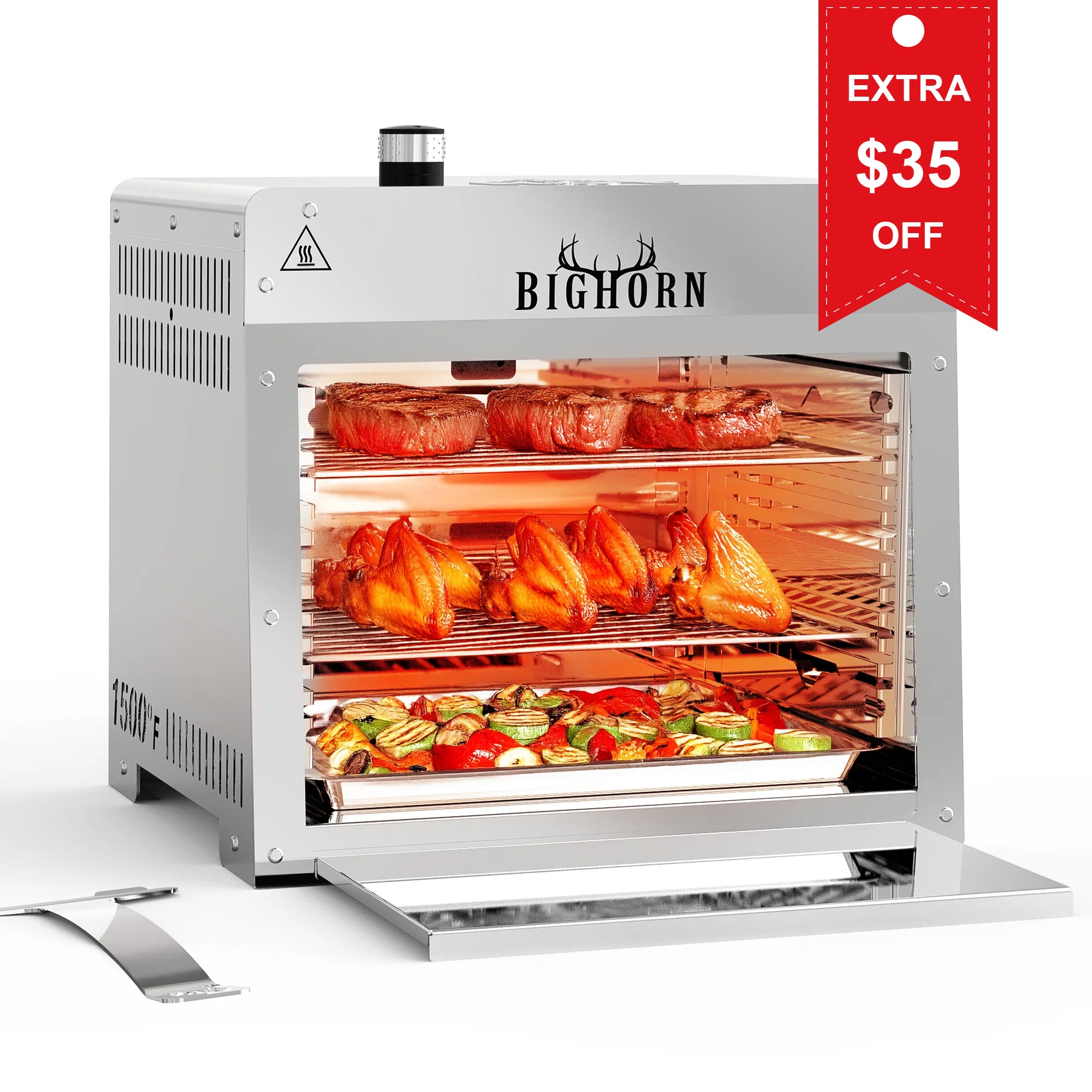 1500℉ Portable Infrared Steak Grill with Pizza Stone, Stainless Steel- 13.5 Inch