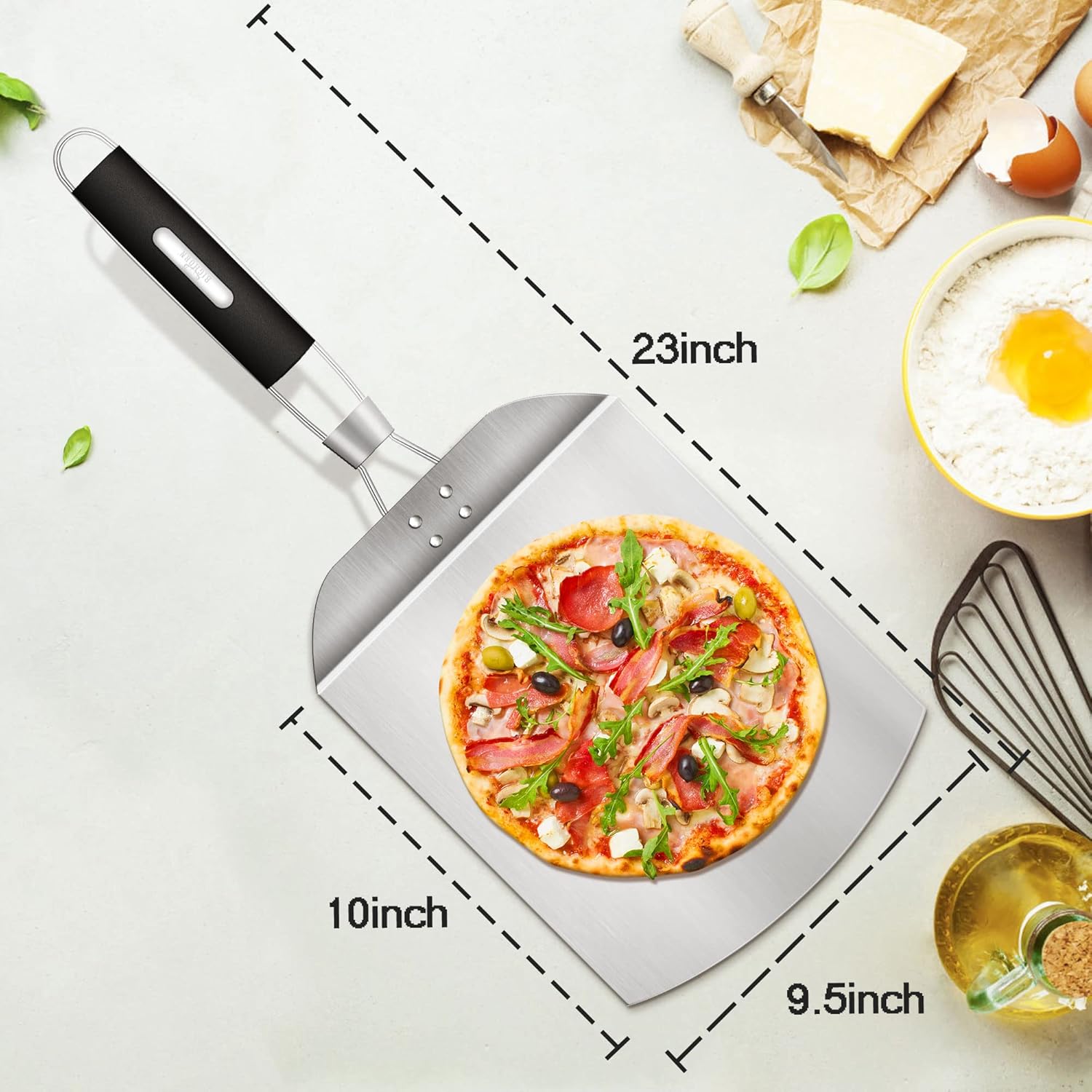 Stainless steel pizza peel with pizza, measuring 23 inches total, 10x9.5 inch peel, perfect for homemade pizza.