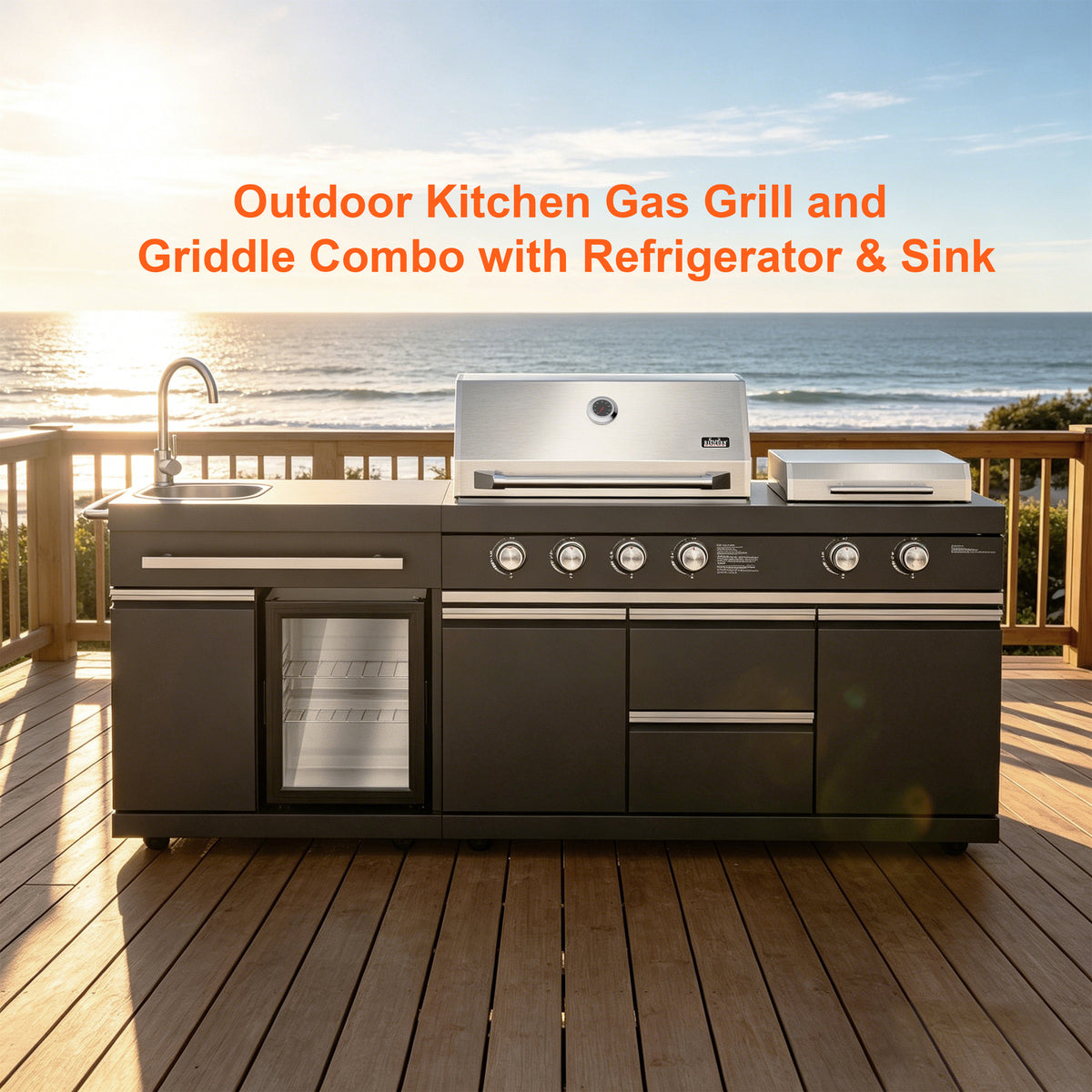 Outdoor Kitchen Gas Grill and Griddle Combo, 65,000 BTU 4+2 Burner BBQ Grill with 675 Sq. In. Cooking Area, Stainless Steel Grill Grates & Griddle, Built-In Sink, Refrigerator, Cabinets