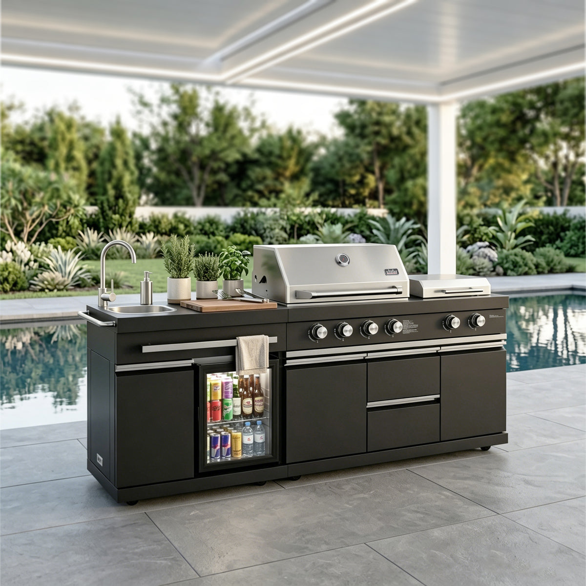 Outdoor Kitchen Gas Grill and Griddle Combo, 65,000 BTU 4+2 Burner BBQ Grill with 675 Sq. In. Cooking Area, Stainless Steel Grill Grates & Griddle, Built-In Sink, Refrigerator, Cabinets