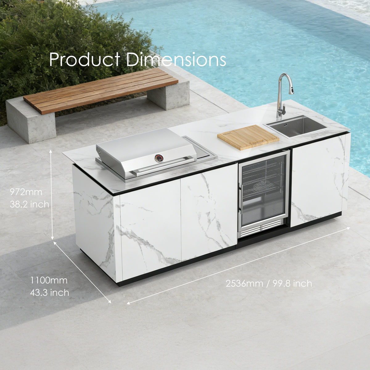 Outdoor Kitchen Island – Premium Stainless Steel Gas Grill with Sear Zone, Marble-Style Countertop, LED Beverage Refrigerator, Sink & Storage Cabinets for Luxury Backyard BBQ