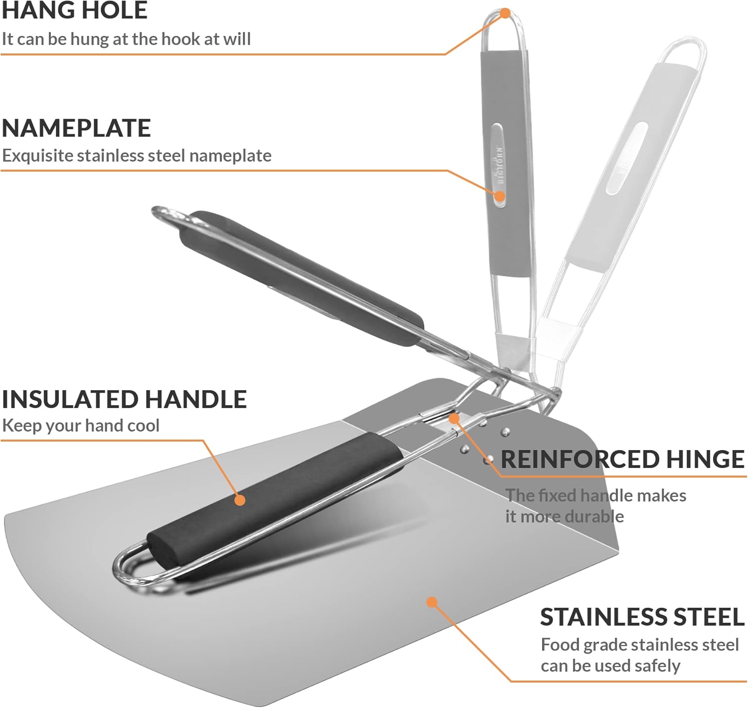 Stainless steel pizza peel with hang hole, insulated handle, and reinforced hinge for easy pizza removal and safe use