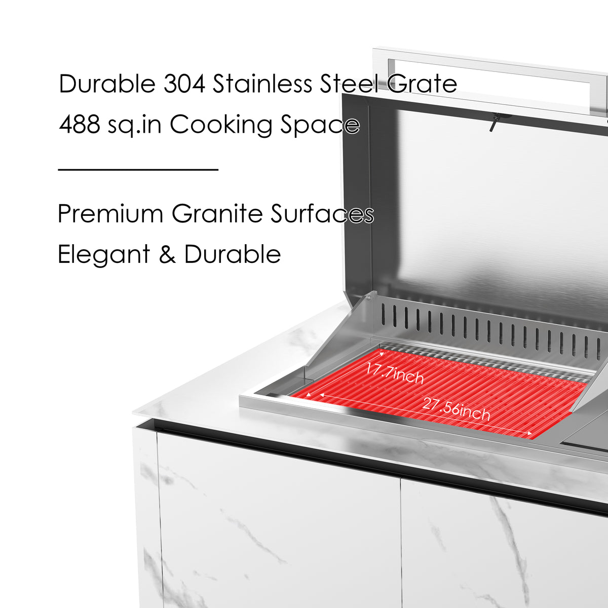 Outdoor Kitchen Island – Premium Stainless Steel Gas Grill with Sear Zone, Marble-Style Countertop, LED Beverage Refrigerator, Sink & Storage Cabinets for Luxury Backyard BBQ
