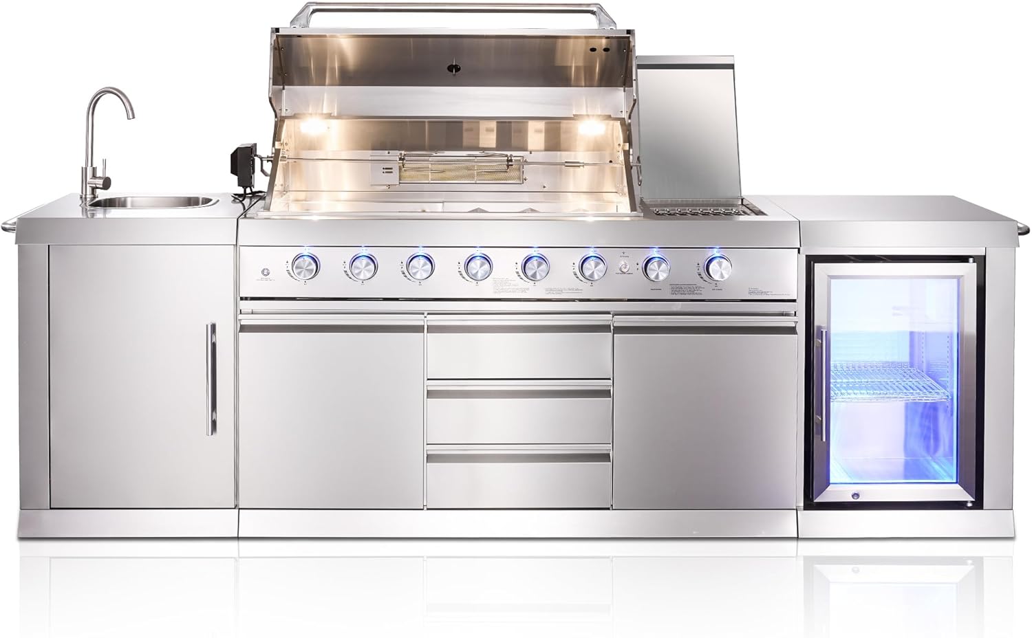 Kitchen Island, 6+2 Burners 98,600 BTUs Gas Grill, Deluxe Stainless Steel, with Infrared Side Burner, Beverage Refrigerato, Sink, Rotisserie Kit, Big Horn Prime Series
