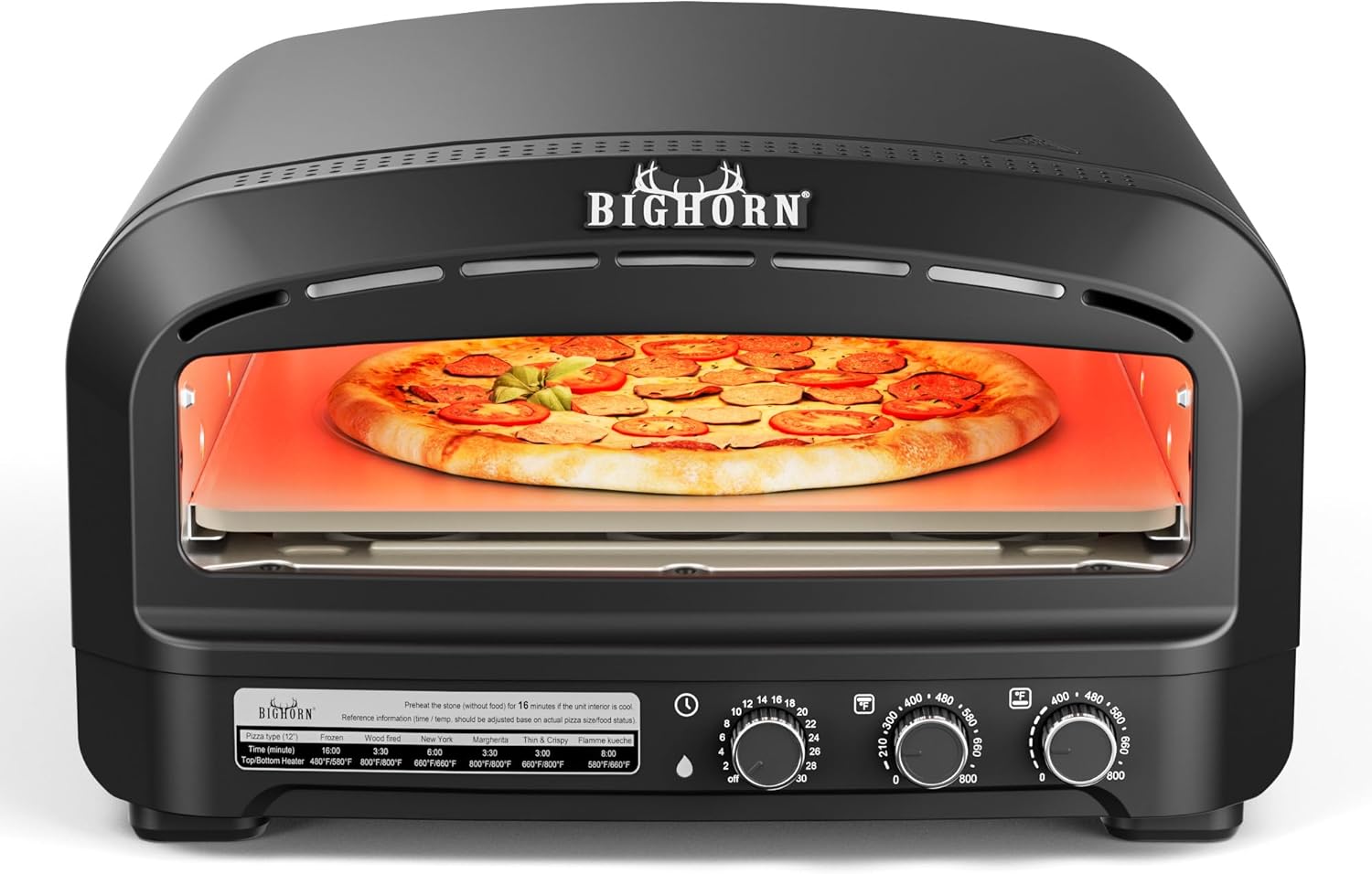 BigHorn 14-inch Electric Countertop Pizza Oven with Pizza, Black Finish