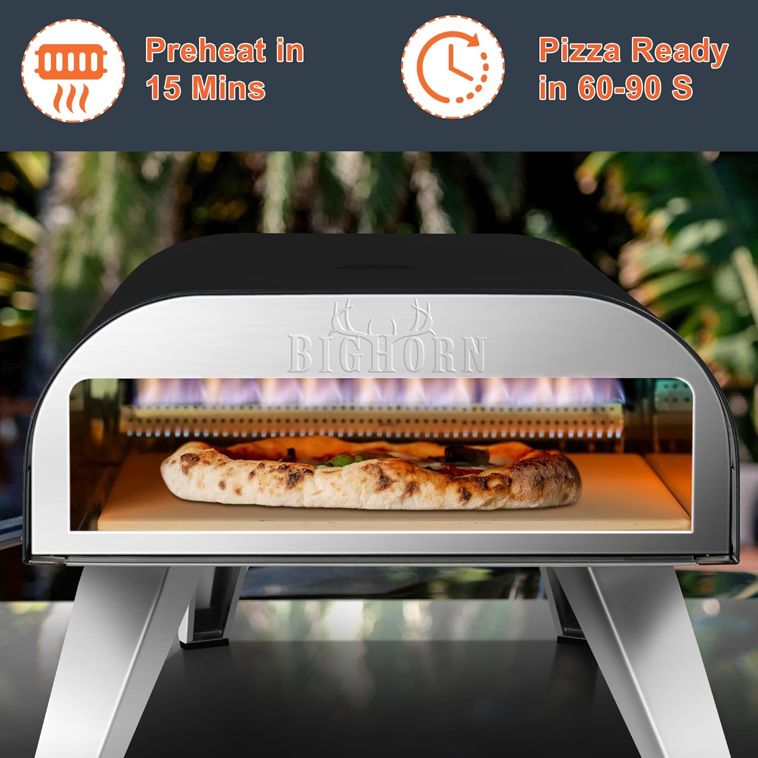 Big Horn 12" Portable Gas Pizza Oven cooking pizza, preheats in 15 minutes, ready in 60-90 seconds, black and stainless steel