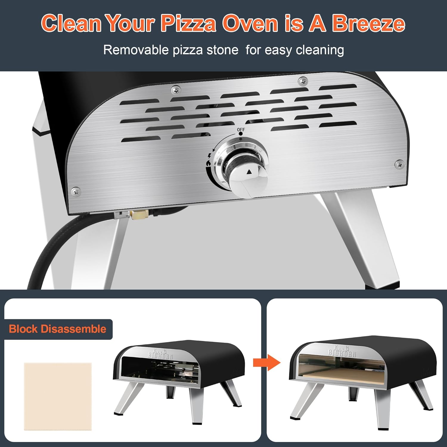 Big Horn 12" Portable Gas Pizza Oven with removable pizza stone, easy to clean and disassemble.