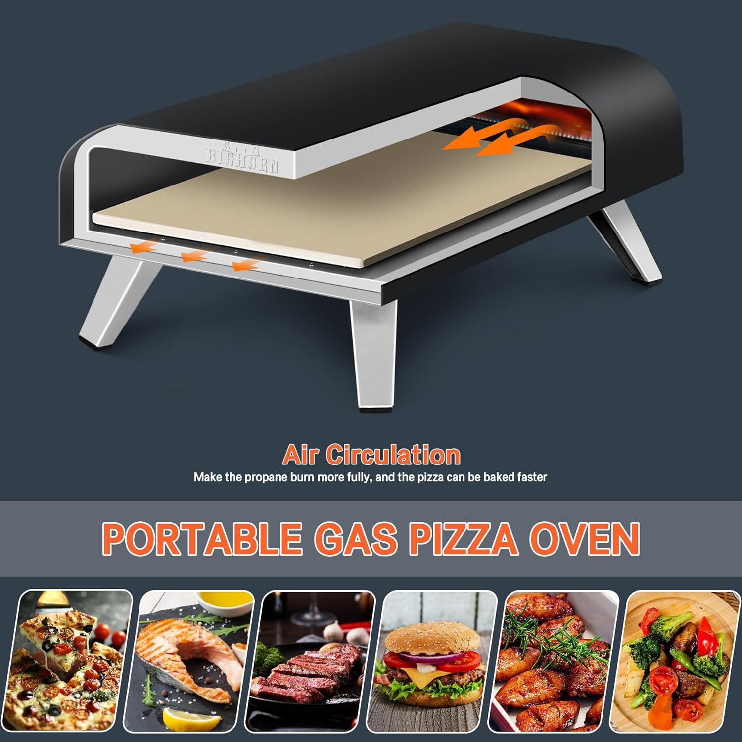 Big Horn 12" Black Portable Gas Pizza Oven showcasing air circulation for faster cooking, featuring pizza and other dishes.