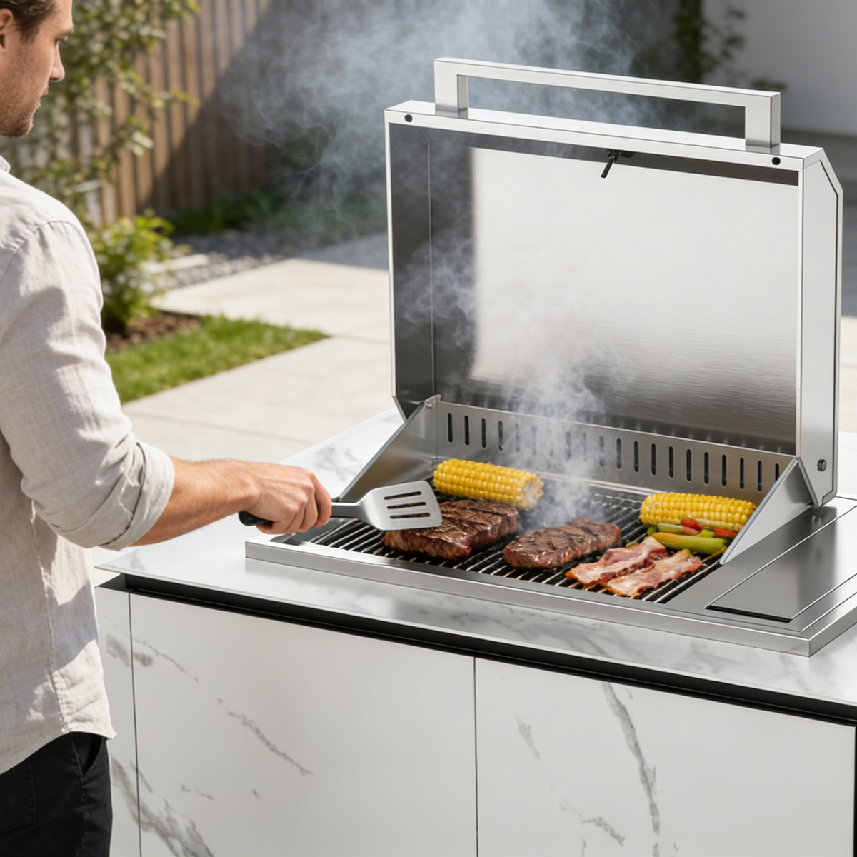 Outdoor Kitchen Island – Premium Stainless Steel Gas Grill with Sear Zone, Marble-Style Countertop, LED Beverage Refrigerator, Sink & Storage Cabinets for Luxury Backyard BBQ
