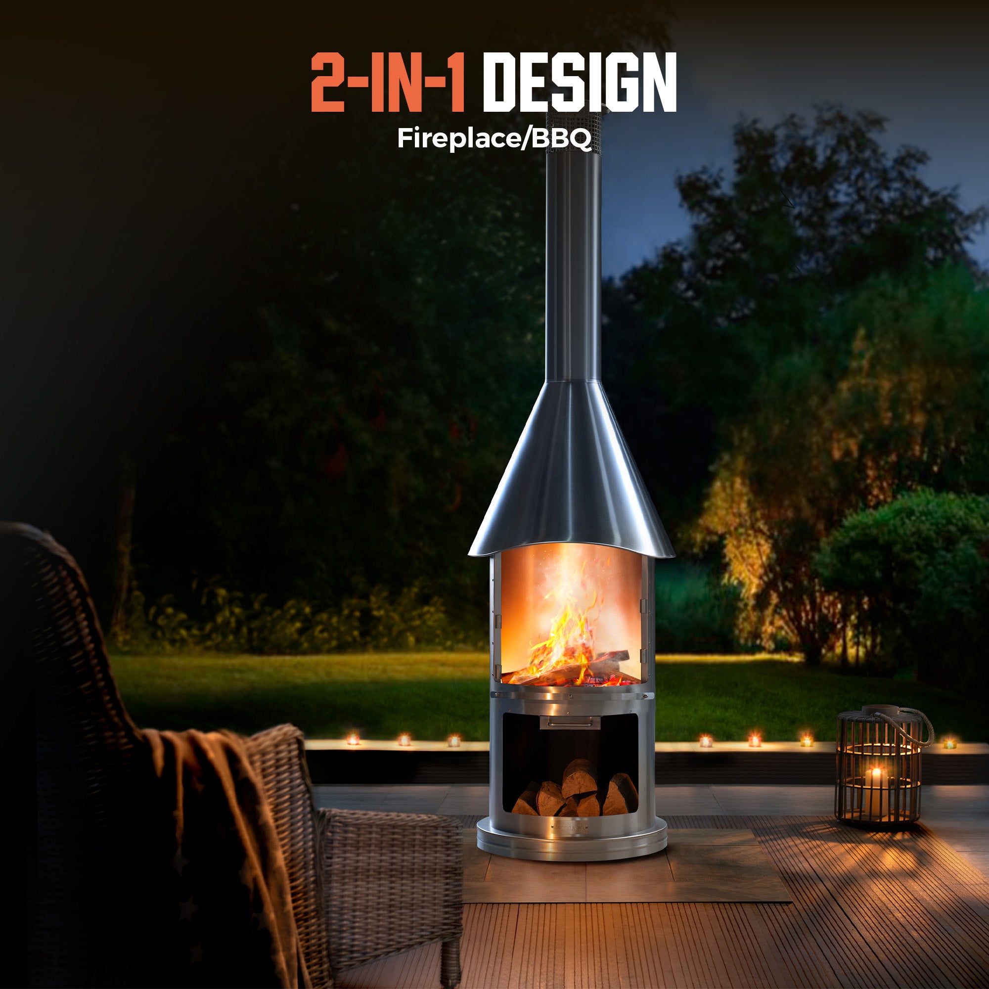 90.6”H Twin-Walled Chimenea - Efficient Wood Burning Stainless Steel