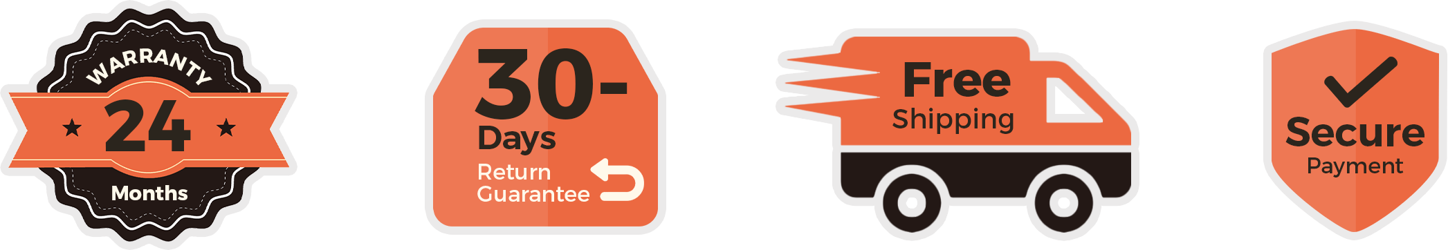 Set of icons representing warranty, return guarantee, free shipping, and secure payment.