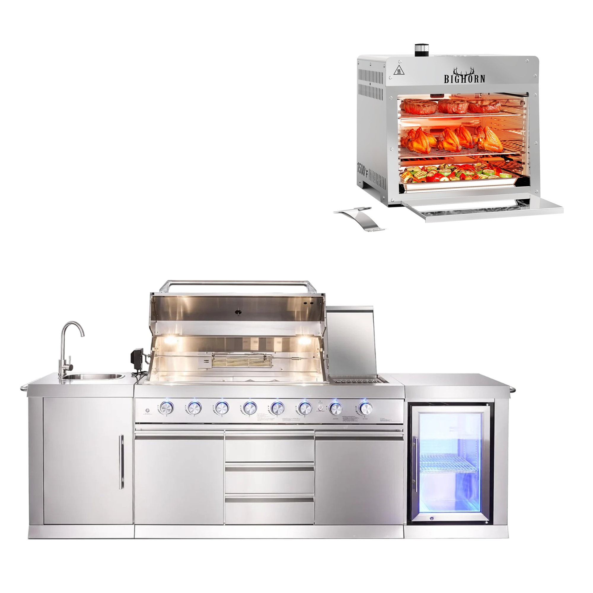 Big Horn Prime® Ultimate 8-Burner Outdoor Kitchen & Steak Grill Bundle