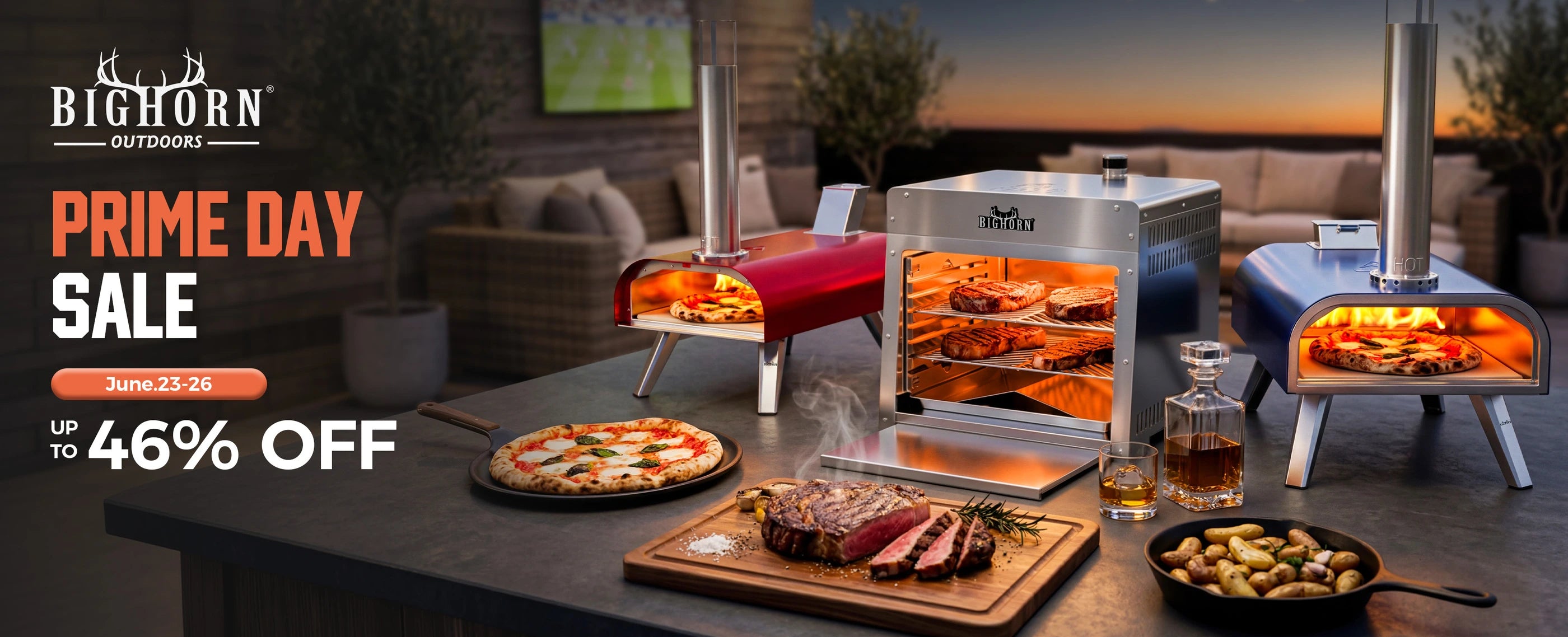 Outdoor kitchen setup with pizza oven, grill, and outdoor furniture during a Prime Day sale promotion.