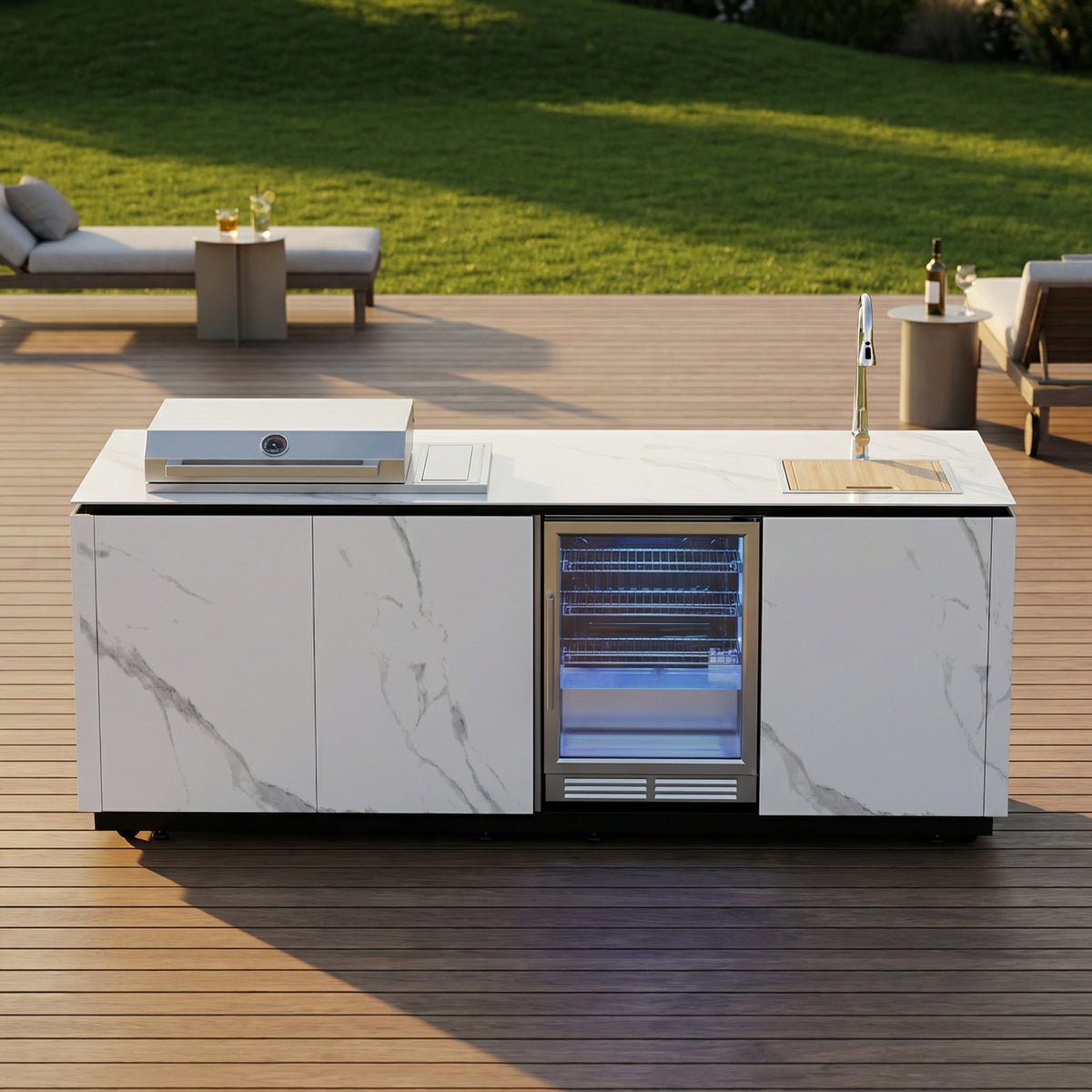 Outdoor Kitchen Island – Premium Stainless Steel Gas Grill with Sear Zone, Marble-Style Countertop, LED Beverage Refrigerator, Sink & Storage Cabinets for Luxury Backyard BBQ