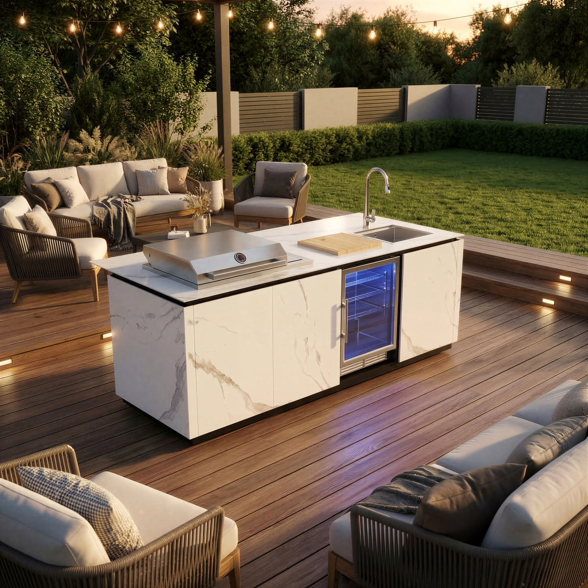 Outdoor Kitchen Island – Premium Stainless Steel Gas Grill with Sear Zone, Marble-Style Countertop, LED Beverage Refrigerator, Sink & Storage Cabinets for Luxury Backyard BBQ