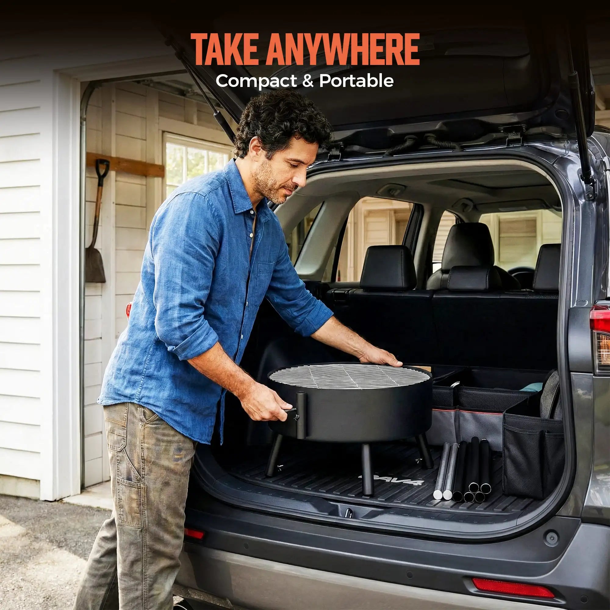 Man loading a portable grill into the trunk of a car with 'Take Anywhere' text above.
