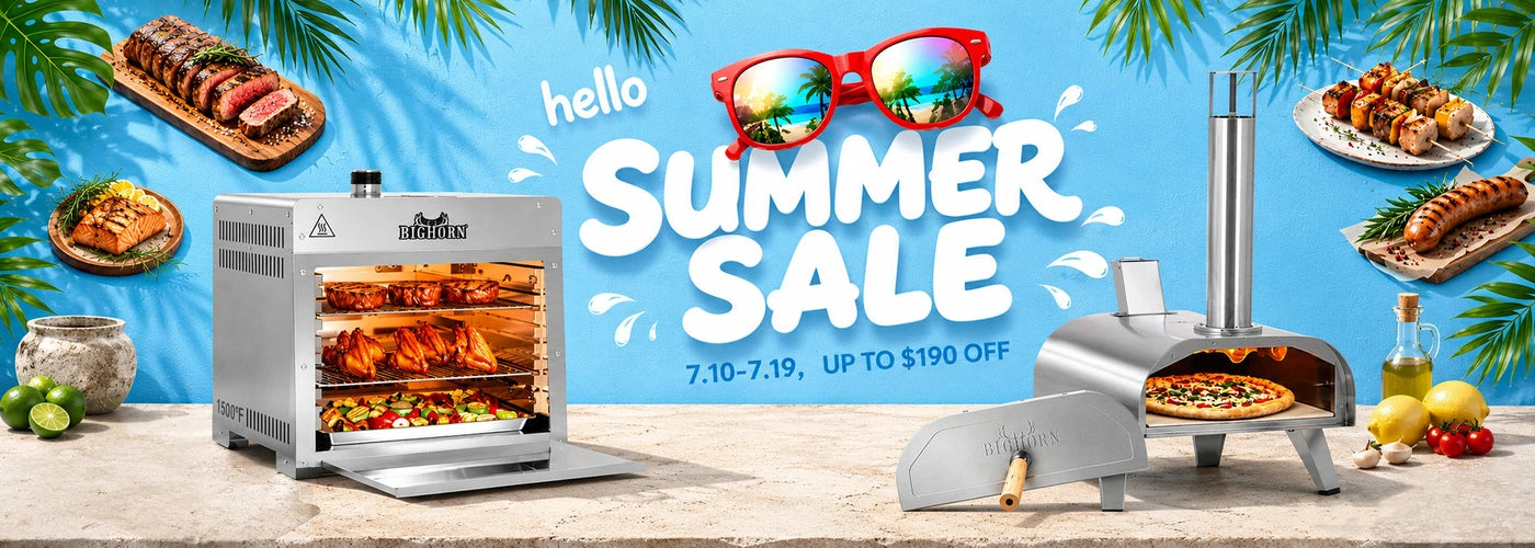 Big Horn Outdoors Summer Sale 2026 banner featuring a premium pizza oven and infrared steak grill. Save on outdoor cooking, July 10-19.