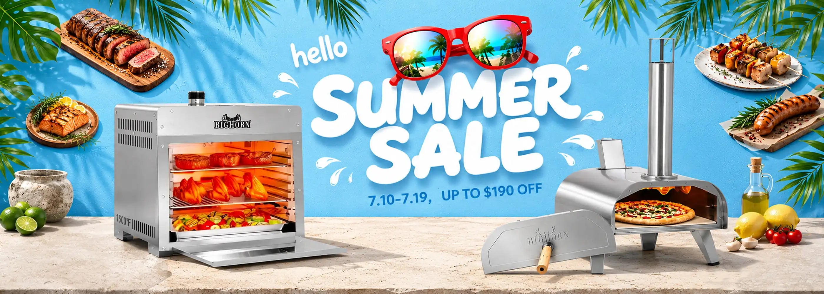 Big Horn Outdoors Summer Sale 2026 banner featuring a premium pizza oven and infrared steak grill. Save on outdoor cooking, July 10-19.