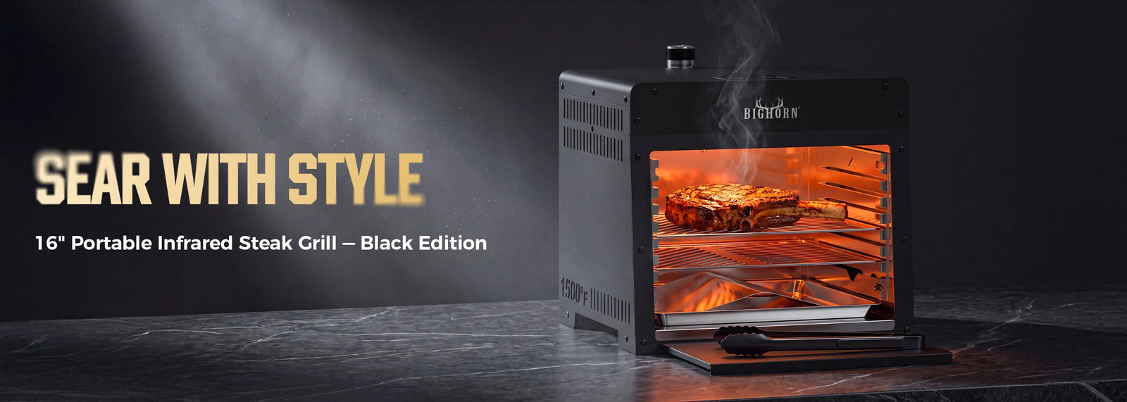 A 16-inch portable infrared steak grill in black, shown with its door open to reveal a glowing fire inside. The product is set on a dark, smoky surface against a dark background, with promotional text on the left reading 'SEAR WITH STYLE' and '16" Portable Infrared Steak Grill – Black Edition'.