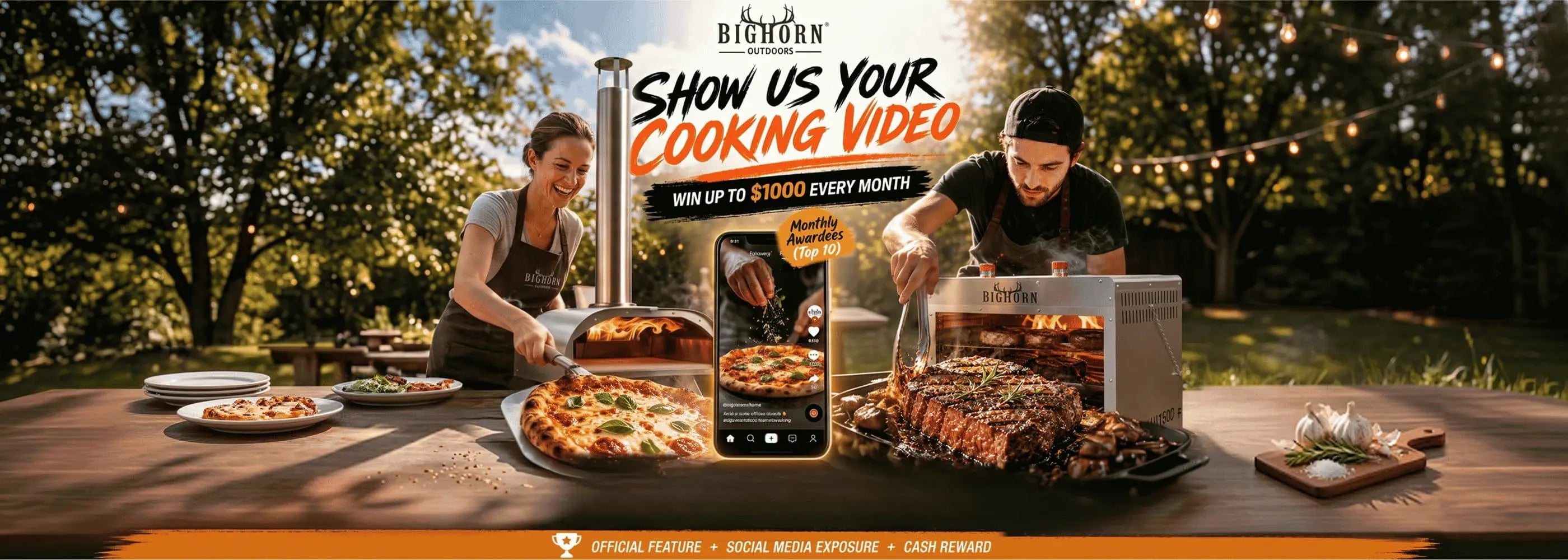 A promotional banner for Big Horn Studio featuring two people outdoors by a table laden with cooked meats, pizza, and other food, with a phone in the center displaying the Big Horn Studio app interface. The text reads 'SHOW US YOUR COOKING VIDEO' and 'WIN UP TO $1,000 EVERY MONTH'.