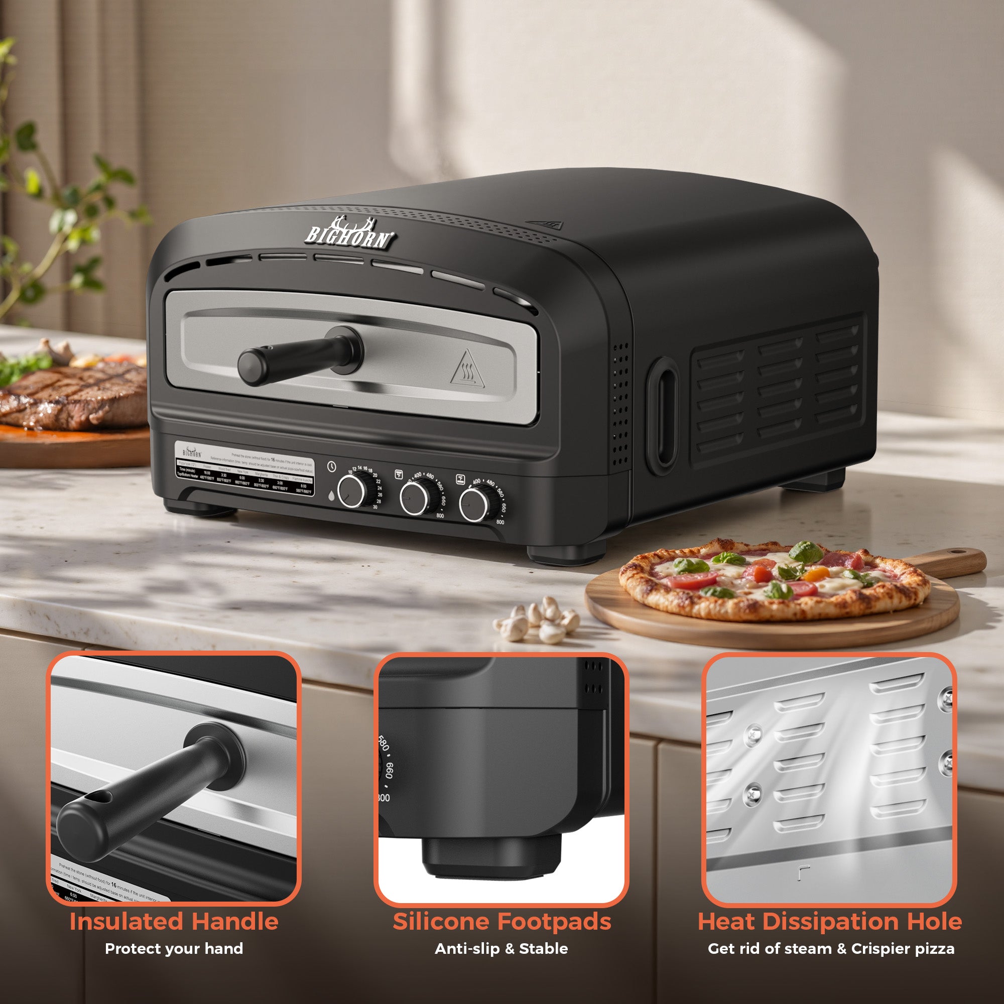 Big Horn 14" Electric Countertop Pizza Oven, black, with insulated handle and versatile cooking modes for perfect pizza.