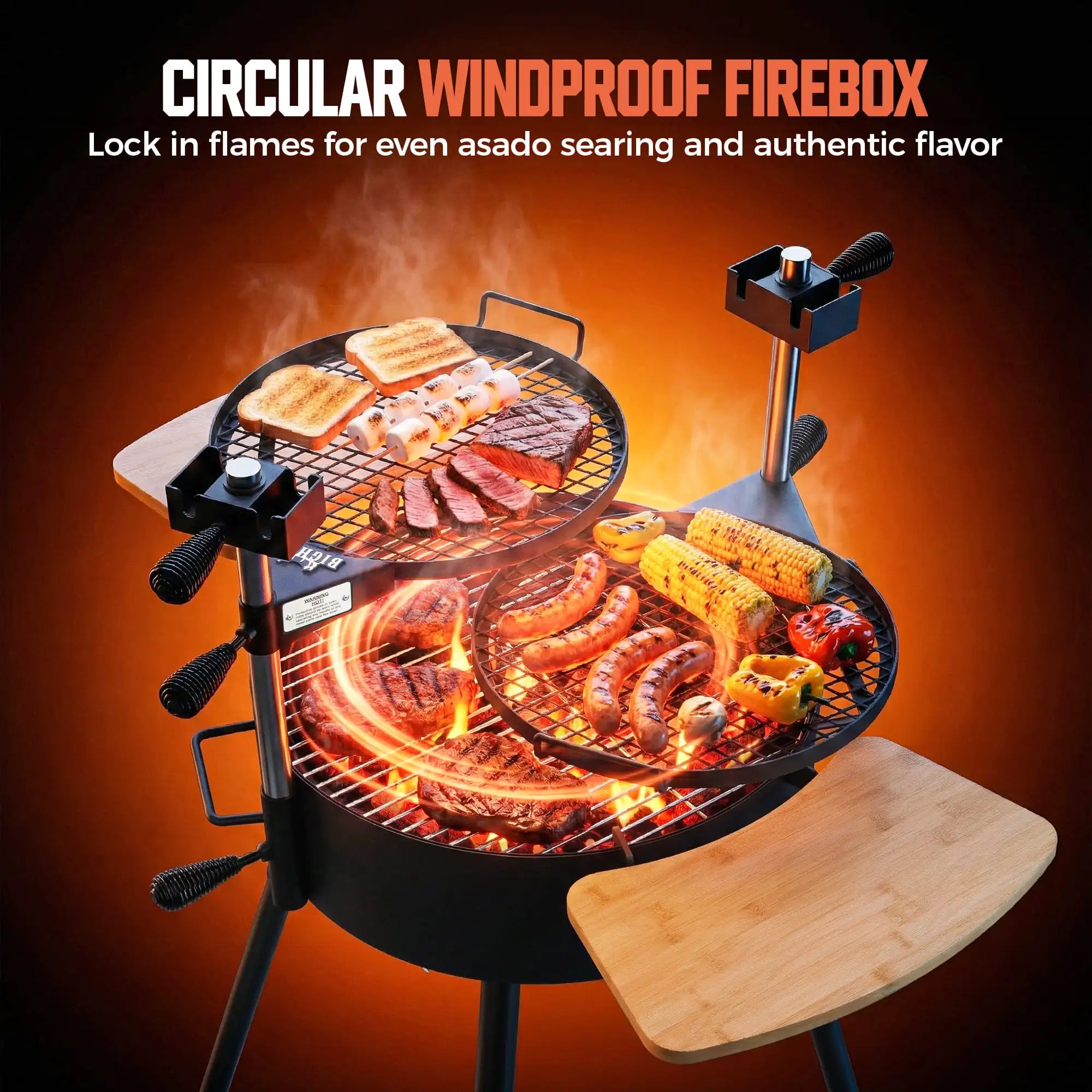 Circular windproof firebox with food being cooked on a grill against an orange background