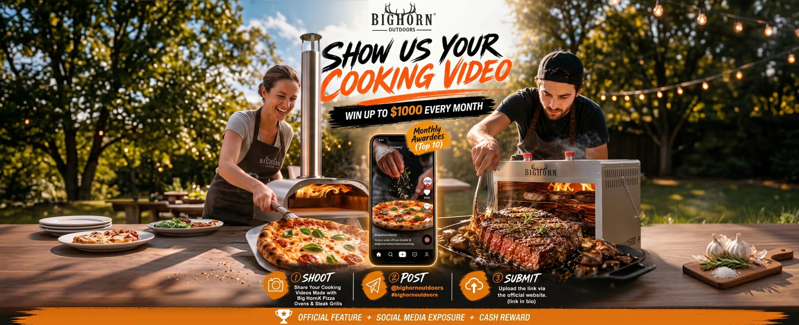 Two people cooking outdoors using
 bighorn pizza oven and steak grill with a promotional banner for Big Green Egg.